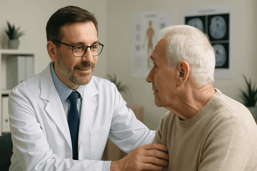 Compassionate psychiatrist speaking with an elderly patient in a clinical setting, highlighting dementia a mental illness diagnosis and care.
