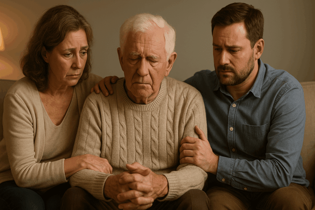 Elderly man with dementia sitting quietly on a couch, supported by family members showing emotional strain and love, highlighting dementia a mental illness.