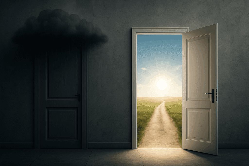 Two symbolic doors representing dementia a mental illness: one under a dark cloud symbolizing stigma, the other opening to sunlight and understanding.