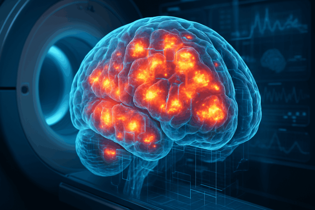 High-tech conceptual visualization of brain undergoing fMRI scan showing metabolic changes linked to dementia a mental illness.