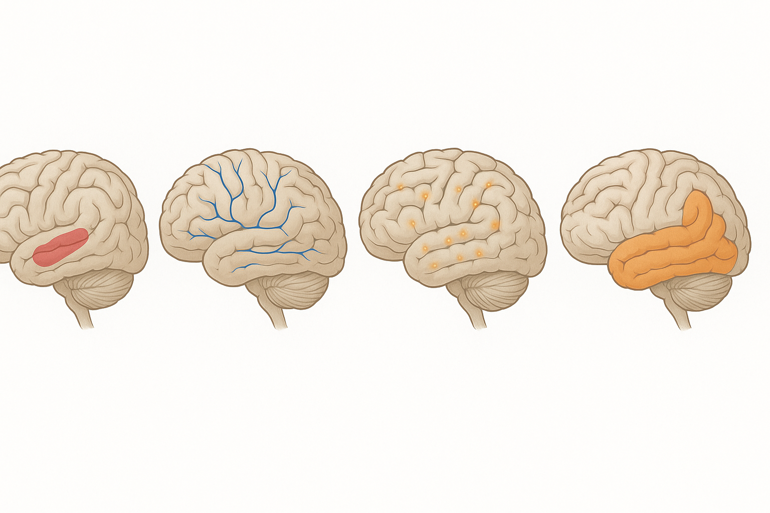 Medical illustration showing four brain models to support understanding the different types of dementia: Alzheimer’s, vascular, Lewy body, and frontotemporal.