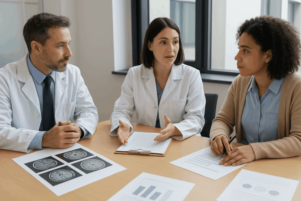 Healthcare team meeting to discuss dementia a mental illness, with a neurologist, psychiatrist, and social worker reviewing brain scans and therapy notes.