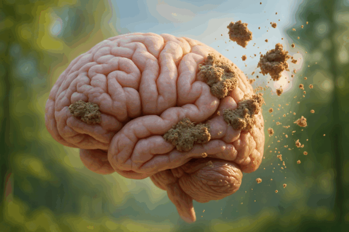 3D rendering of a human brain in soft glowing light with beta-amyloid plaques dissolving naturally against a serene forest backdrop, illustrating how to reduce plaque in the brain naturally.