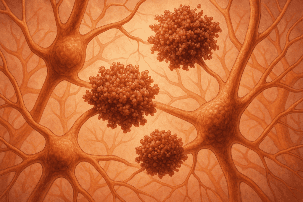 Medical illustration of beta-amyloid plaques disrupting neurons in the brain, depicting how to reduce plaque in the brain naturally by visualizing buildup between nerve cells.
