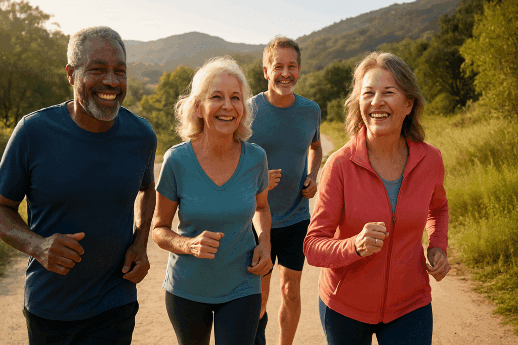 Older adults jogging together outdoors on a scenic trail, showing vibrant health and active aging as an example of how to reduce plaque in the brain naturally.