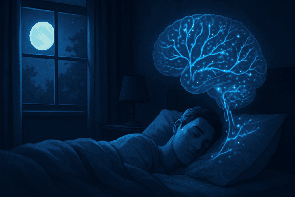 Person sleeping peacefully in a cozy bedroom at night, with soft moonlight and an artistic visualization of the brain's glymphatic system illustrating how to reduce plaque in the brain naturally.