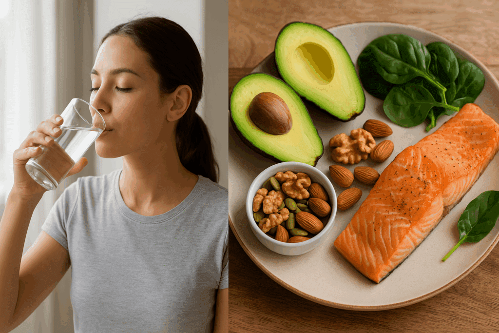 Woman practicing intermittent fasting by drinking water and ketogenic meal with salmon, avocado, and nuts, illustrating how to reduce plaque in the brain naturally.
