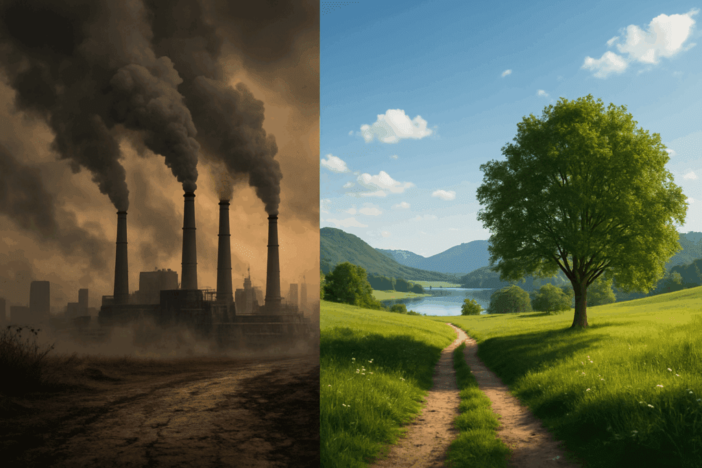 Split landscape showing polluted city with industrial smog and a clean, green countryside, symbolizing how to reduce plaque in the brain naturally.