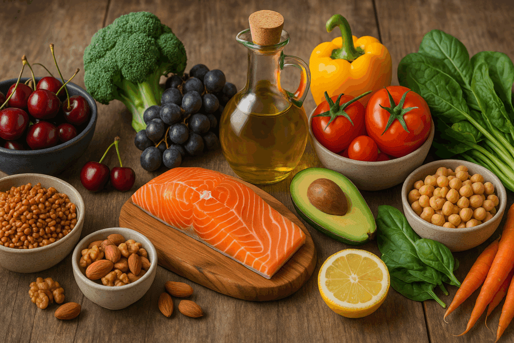Colorful Mediterranean diet foods including salmon, olive oil, vegetables, fruits, nuts, and legumes arranged on a rustic table to illustrate how to reduce plaque in the brain naturally.