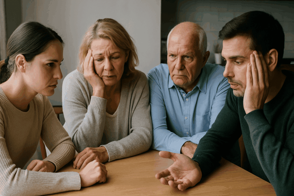 Concerned family members sitting around a kitchen table having an emotional discussion about shared responsibilities as dementia caregivers.