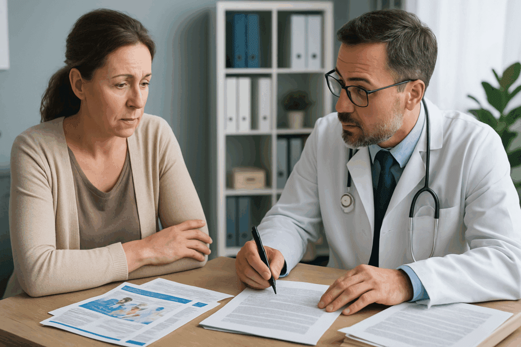 Dementia caregivers meeting with a doctor to review healthcare and legal documents in a professional office setting.