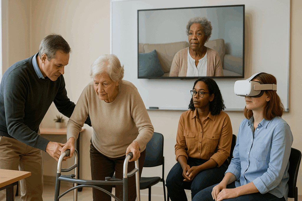 Dementia caregivers practicing mobility assistance and virtual reality training in a bright classroom workshop.