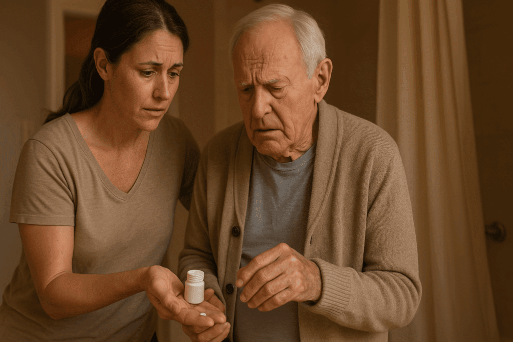 Middle-aged woman assisting an elderly man with medication, capturing the emotional realities dementia caregivers face daily.
