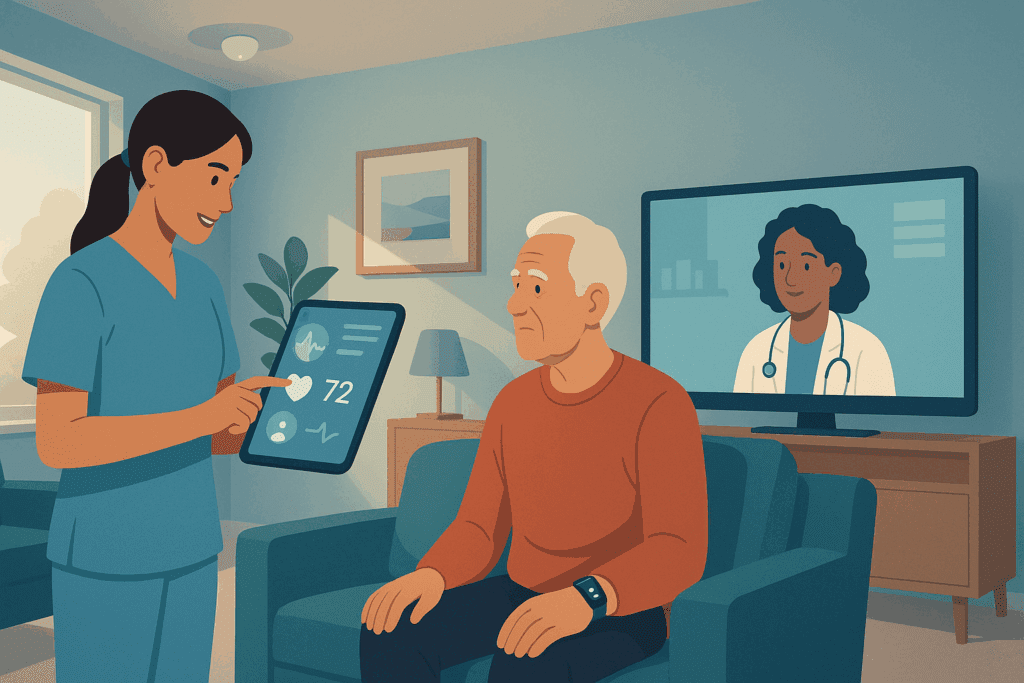 Caregiver using smart technology to assist a senior with dementia in a modern home, highlighting innovations for dementia caregivers.