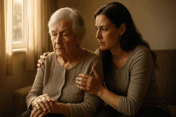 Adult daughter gently comforting her elderly mother at home, symbolizing the quiet strength of dementia caregivers.