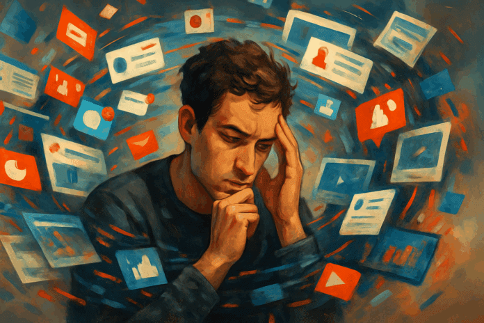 Overwhelmed man surrounded by swirling digital screens and notifications, symbolizing Why More and More People Are Losing This Key Cognitive Ability.