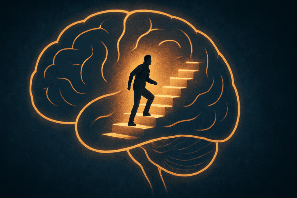 Person climbing glowing staircase inside a brain, symbolizing mental effort and upward focus—Why More and More People Are Losing This Key Cognitive Ability.