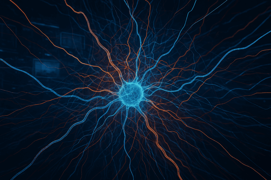 Futuristic neural network rewiring chaotically with glowing pathways and holographic screens, symbolizing Why More and More People Are Losing This Key Cognitive Ability.