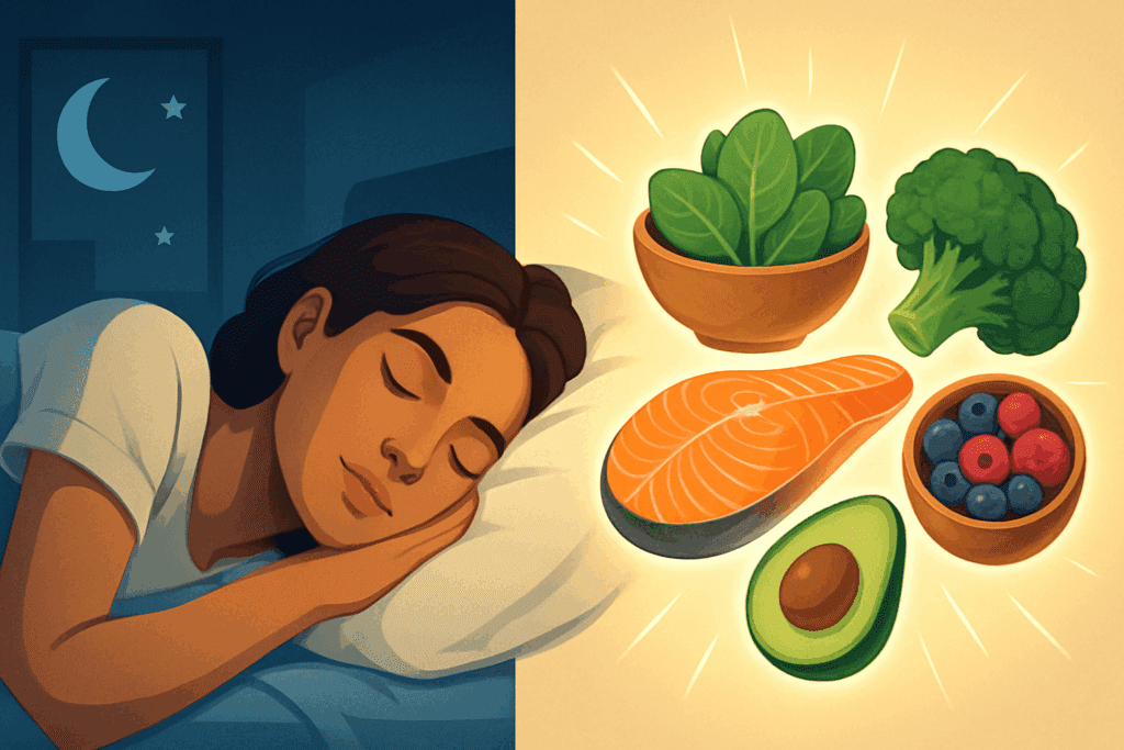 Split-screen showing a woman sleeping peacefully and vibrant brain-boosting foods like salmon and berries, symbolizing sleep and nutrition’s role in Why More and More People Are Losing This Key Cognitive Ability.