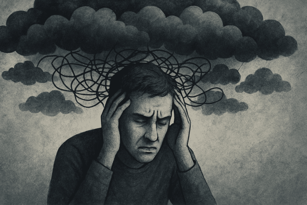 Person clutching head beneath storm clouds and tangled wires, symbolizing Why More and More People Are Losing This Key Cognitive Ability due to stress and anxiety.