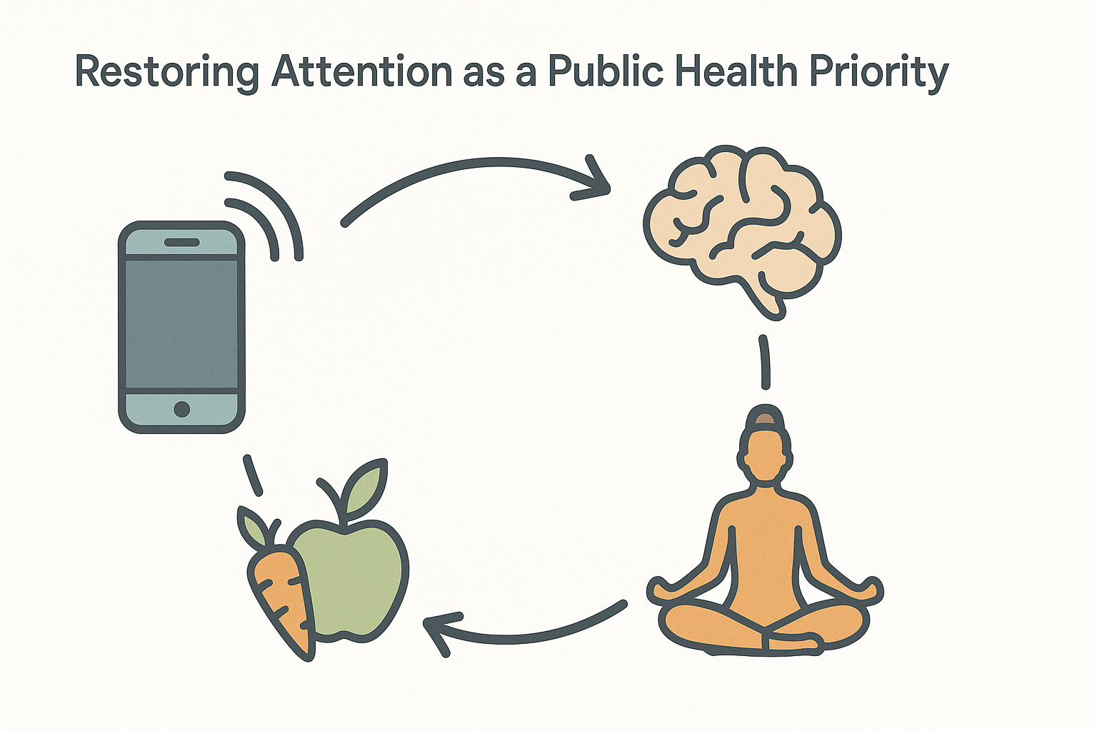 Circular infographic illustrating “Why More and More People Are Losing This Key Cognitive Ability,” showing a cycle from digital overstimulation to cognitive recovery with icons of a smartphone, brain, meditation pose, and healthy food.