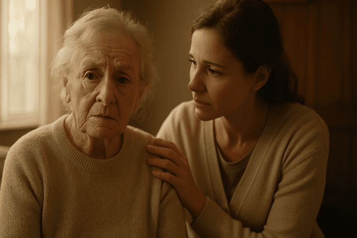 Elderly woman showing symptoms of dementia stealing comforted by a caregiver in a softly lit room.