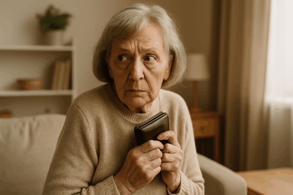 Elderly woman clutching a wallet and looking over her shoulder, illustrating symptoms of dementia stealing in a home setting.