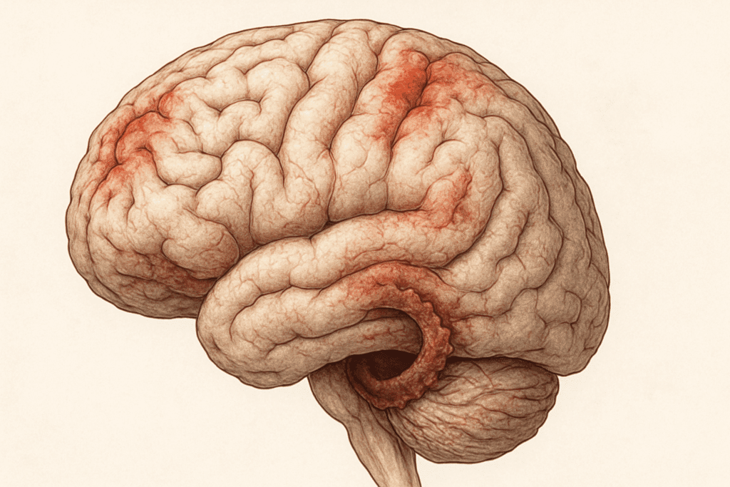 Medical illustration of brain showing hippocampus and prefrontal cortex deterioration linked to symptoms of dementia stealing.