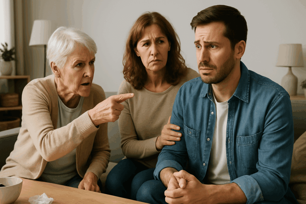 Elderly woman showing symptoms of dementia stealing, accusing a confused family member in a tense home setting.