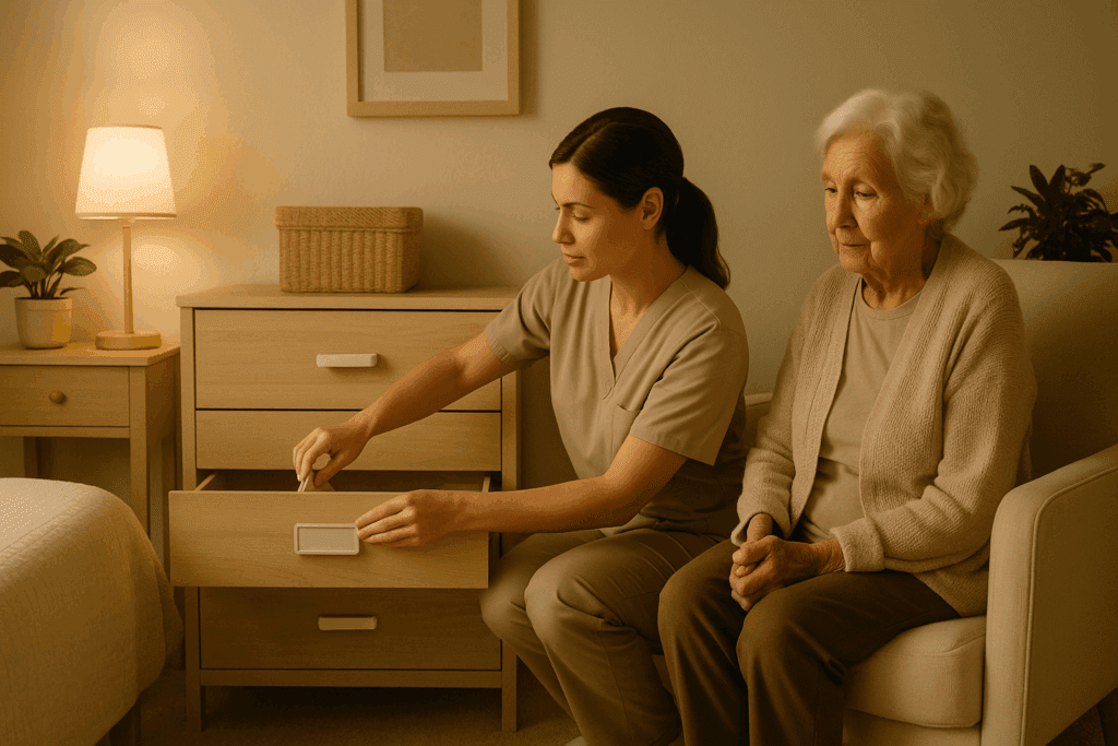 Caregiver calmly labeling drawers in a memory care room as an elderly woman observes, illustrating coping methods for symptoms of dementia stealing.