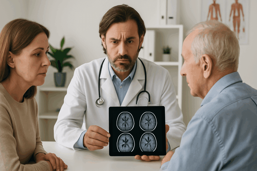 Doctor showing brain scans to elderly man and concerned caregiver during evaluation of symptoms of dementia stealing in a clinical setting.