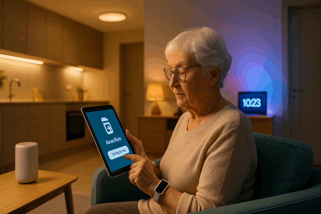 Elderly woman with dementia using a tablet in a smart home, illustrating subtle symptoms of dementia stealing like confusion and over-reliance on reminders.