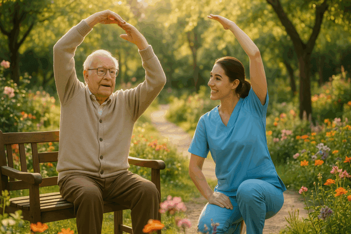Elderly man and caregiver stretching together in a sunlit garden, promoting dementia exercises and memory activities outdoors.
