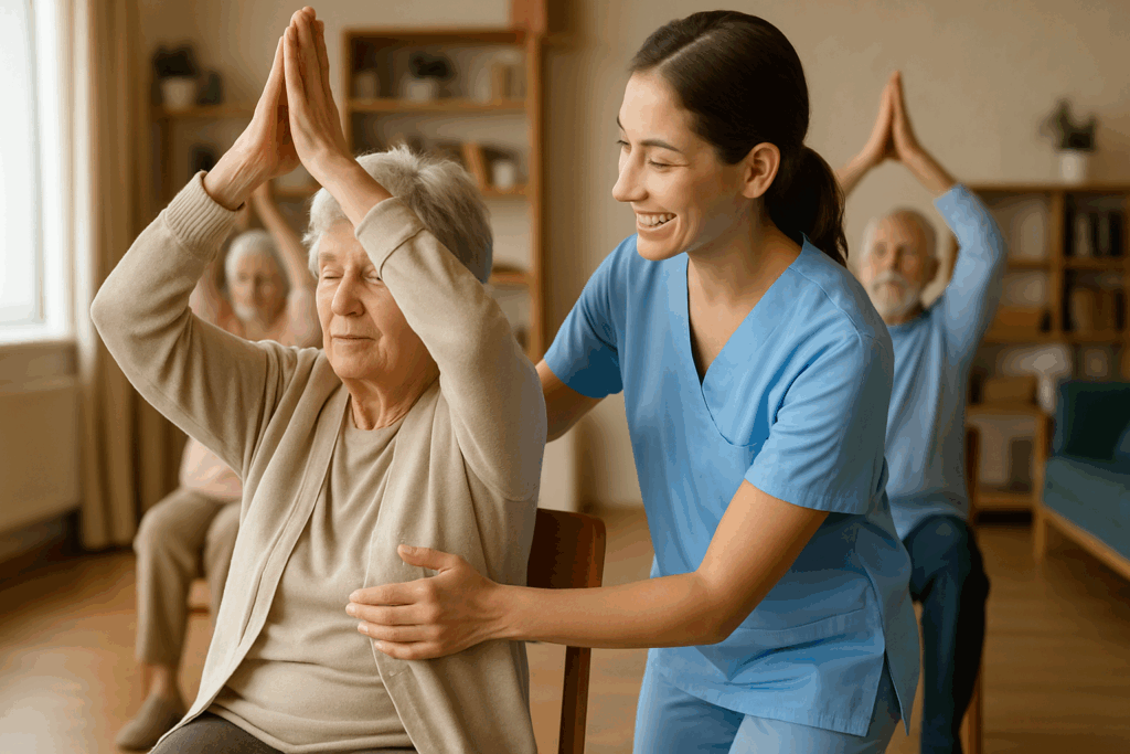 Elderly woman practicing chair yoga with caregiver assistance in a community center, illustrating dementia exercises and memory activities.