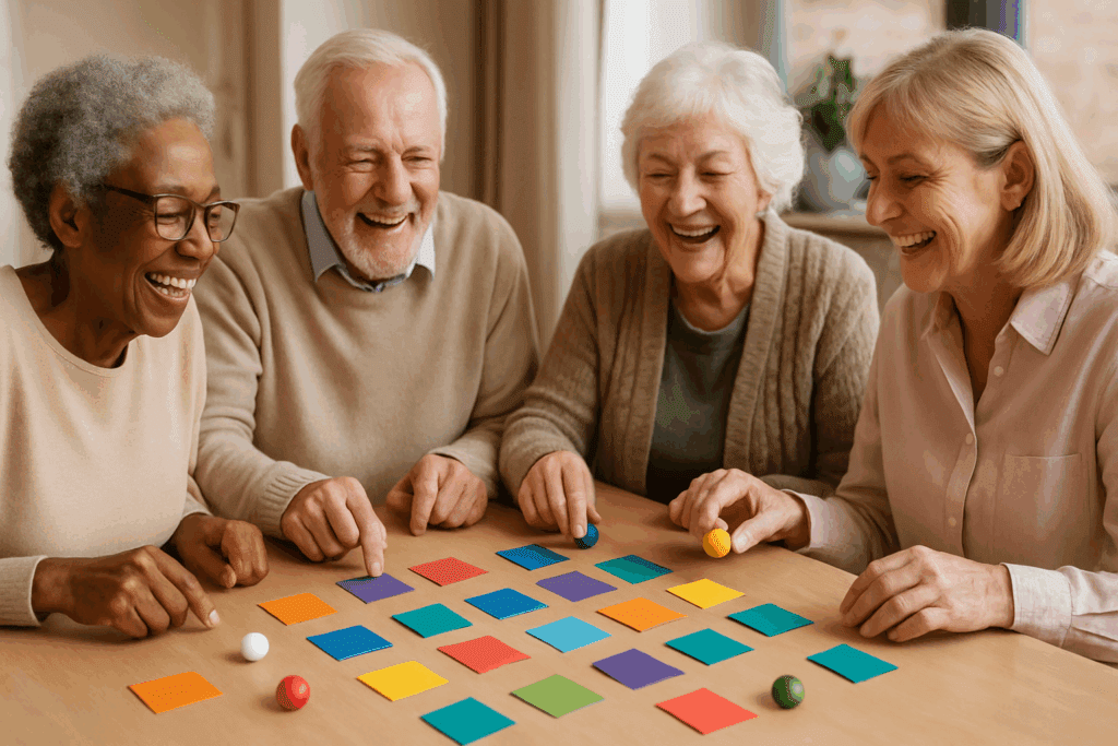 Elderly individuals smiling and playing colorful memory games around a table during dementia exercises and memory activities.