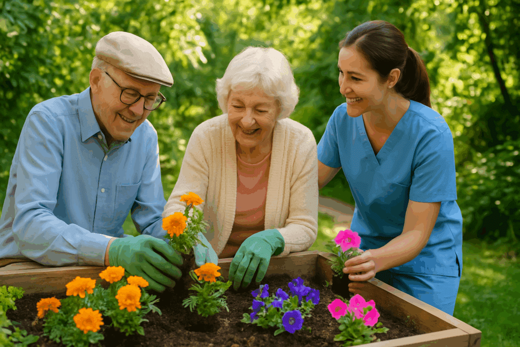 Elderly couple planting colorful flowers in a raised garden bed with caregiver support, illustrating dementia exercises and memory activities.