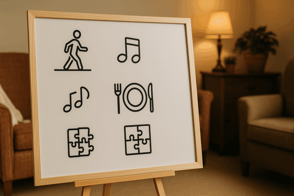Daily schedule board in a cozy care home with icons for walking, music, meals, and puzzles, illustrating dementia exercises and memory activities.