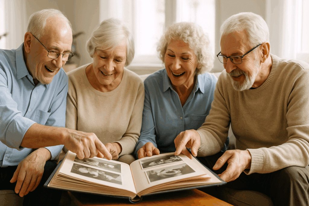 Elderly group smiling and reminiscing while looking through old photo albums during dementia exercises and memory activities.