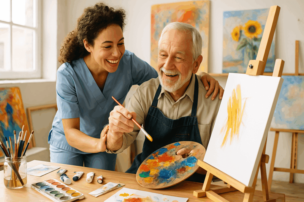 Cheerful caregiver assisting an elderly man with dementia exercises and memory activities by painting together in a bright art studio.