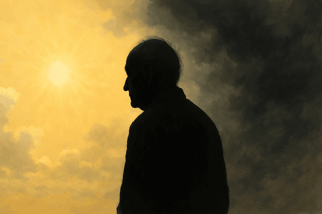 Silhouette of an elderly person standing between a bright sunny sky and a dark cloudy sky, symbolizing cognitive health and decline, illustrating the theme Can Exercise Prevent Dementia.