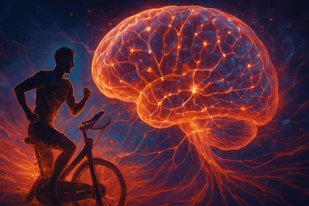 Glowing human brain with active neural pathways lighting up as a person exercises, illustrating the concept Can Exercise Prevent Dementia.