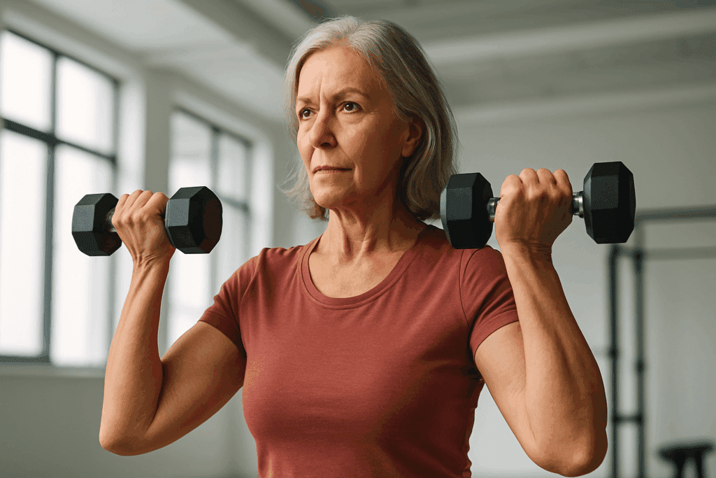 Older woman lifting dumbbells in a bright gym, demonstrating strength and resilience as part of a study on Can Exercise Prevent Dementia.