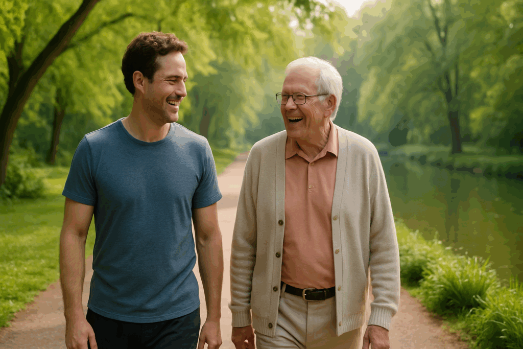 Middle-aged adult and senior walking and smiling in a lush green park by a calm pond, illustrating early intervention strategies for Can Exercise Prevent Dementia.