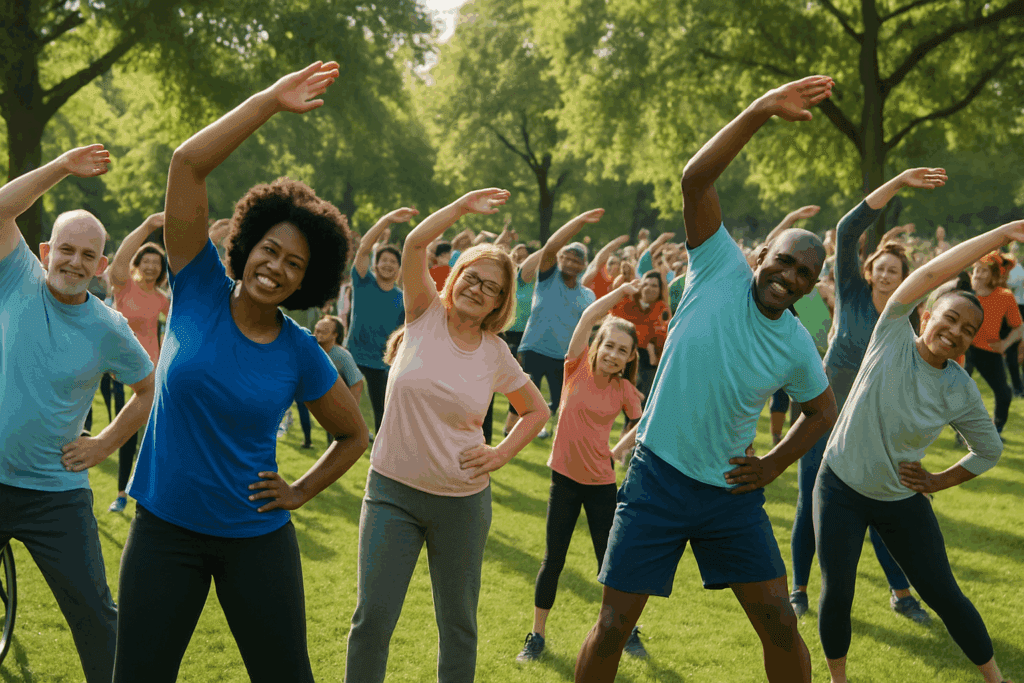 Community fitness event in a sunny park with diverse participants of all ages exercising together, promoting the idea that Can Exercise Prevent Dementia.