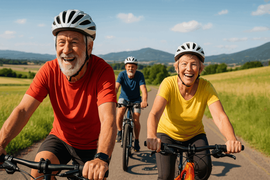 Group of happy seniors cycling along a scenic countryside trail under clear skies, illustrating vitality and raising the question: Can Exercise Prevent Dementia.