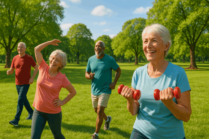 Older adults smiling and exercising outdoors in a sunny park, demonstrating active lifestyles for brain health and highlighting the question: Can Exercise Prevent Dementia.