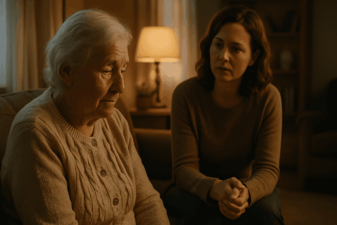 Elderly woman sitting quietly with a concerned family member nearby, illustrating early signs of dementia and inappropriate behavior in a warm home setting.