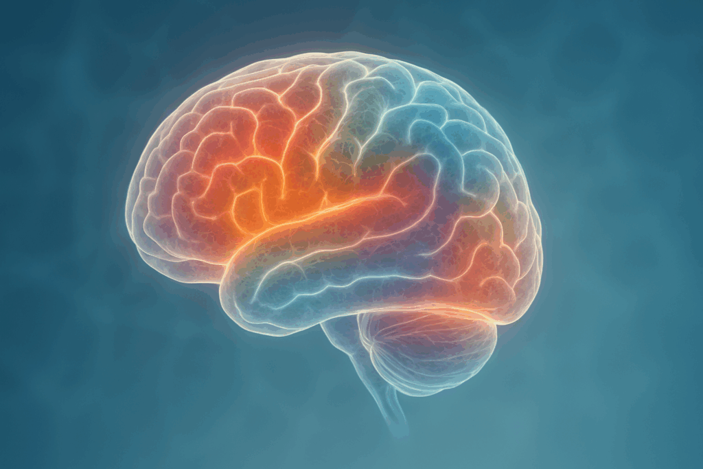 Digital illustration of a human brain with multicolored glowing regions symbolizing early signs of dementia and inappropriate behavior.