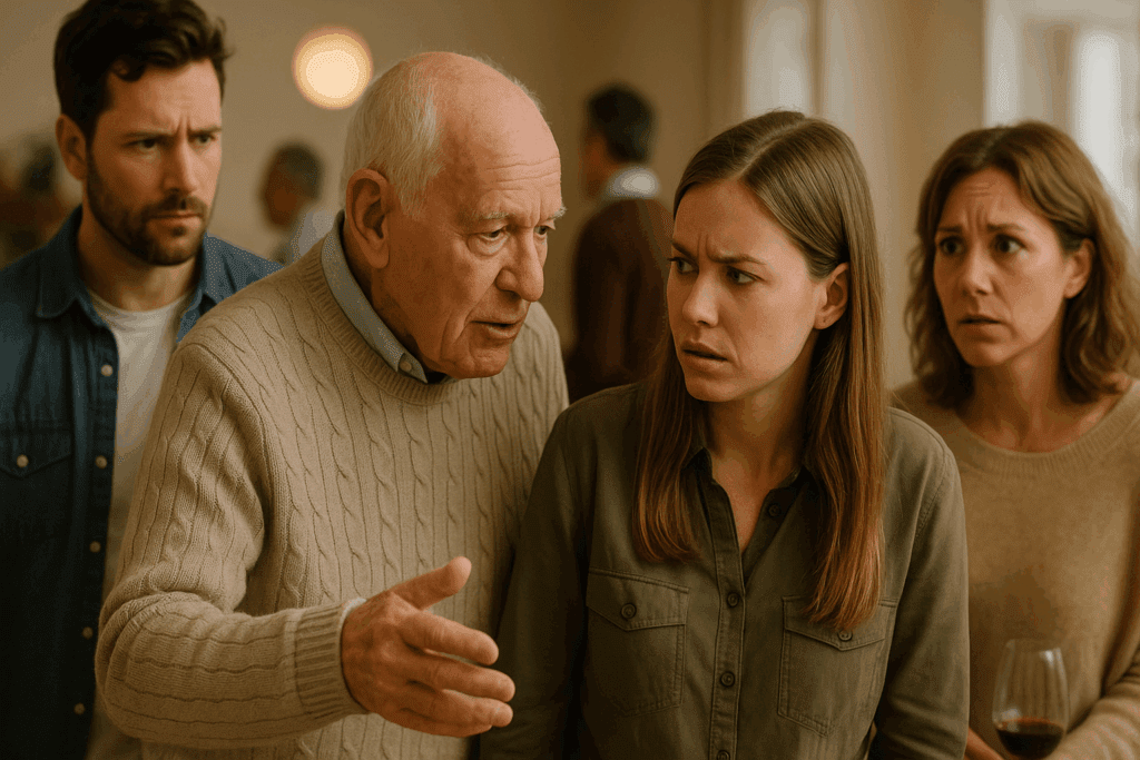 Elderly man at a social gathering displaying early signs of dementia and inappropriate behavior, with concerned younger family members nearby.