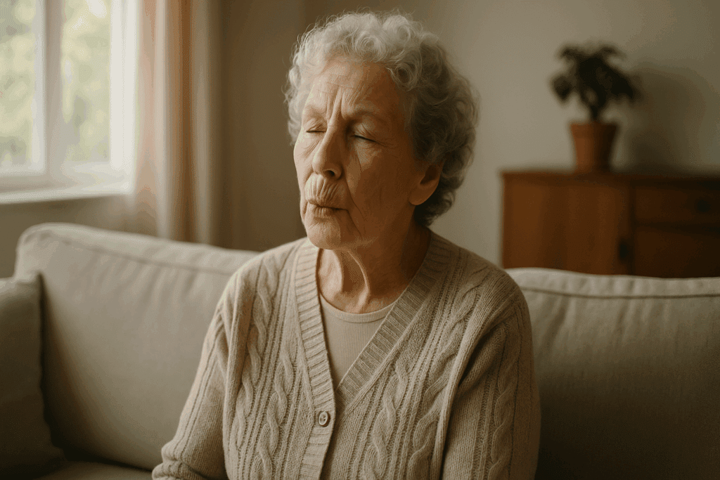 Elderly woman humming softly to herself in a sunlit living room, illustrating early signs of dementia and inappropriate behavior.